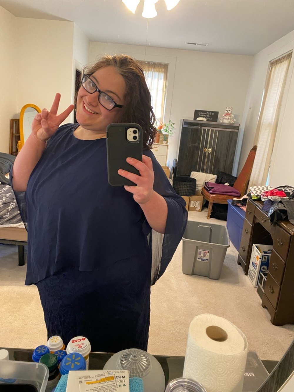 Navy Blue Lace Dress W/ Sheer Asymmetrical   Attached Shawl